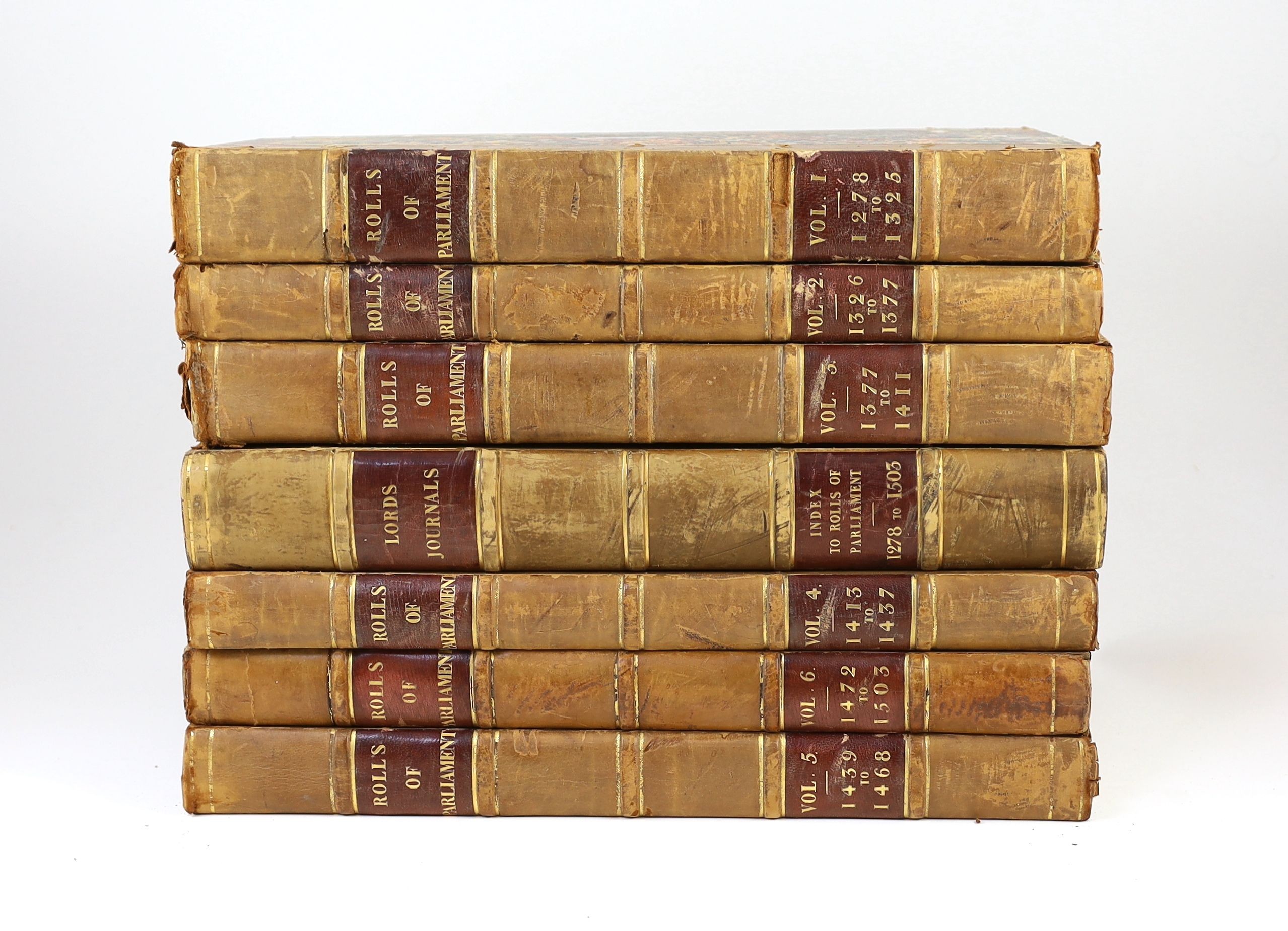 (Rolls Series) Rotuli Parliamentorum; ut et Petitiones et Placita Parliamentorum....7 vols. (incl. Index). vol 4 with 4 engraved plates of seals; old half calf and marbled boards, gilt ruled panelled spines with maroon l